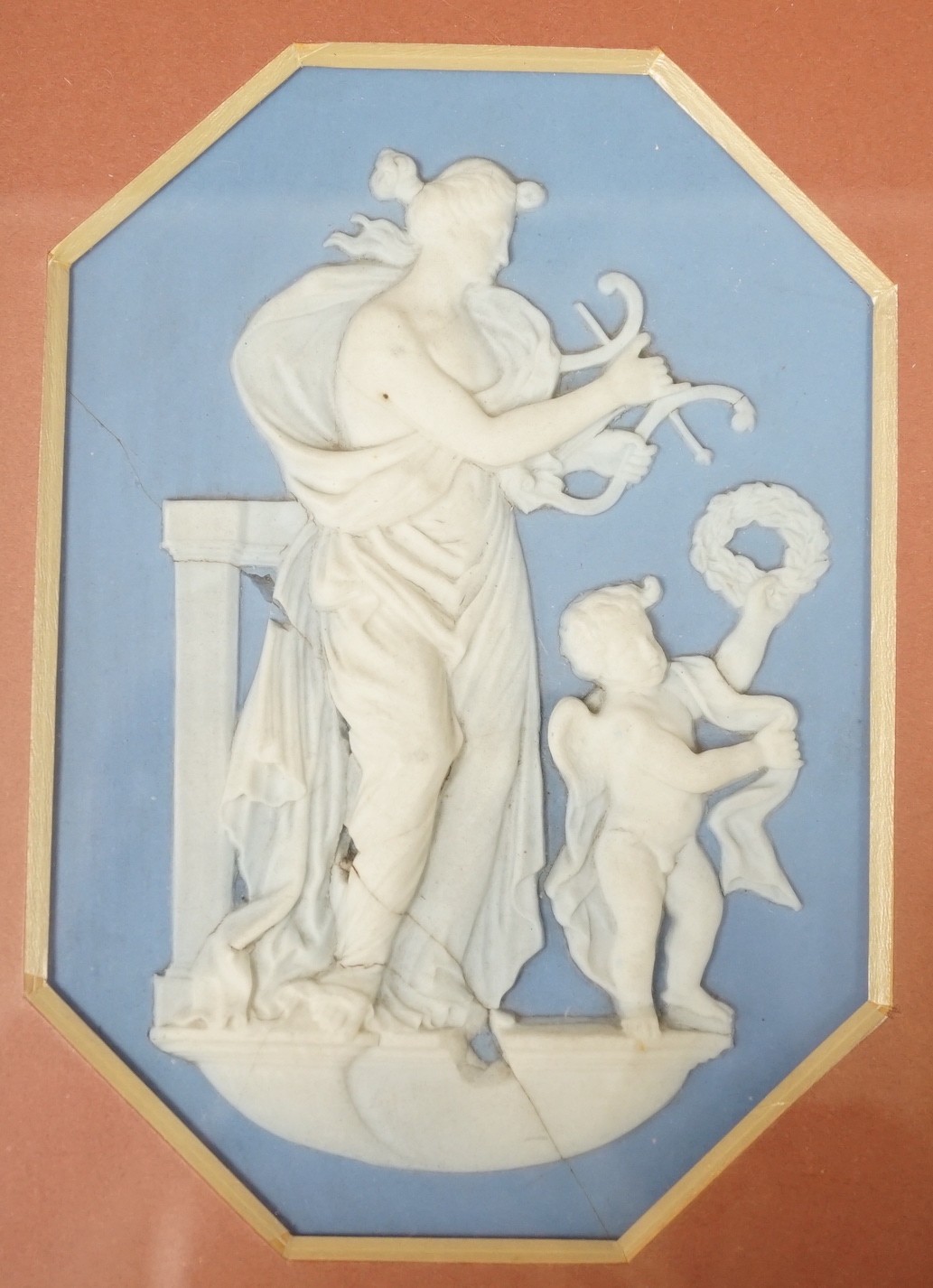 Three framed Wedgwood Jasper ware plaques (one cracked), largest 14.5cms high